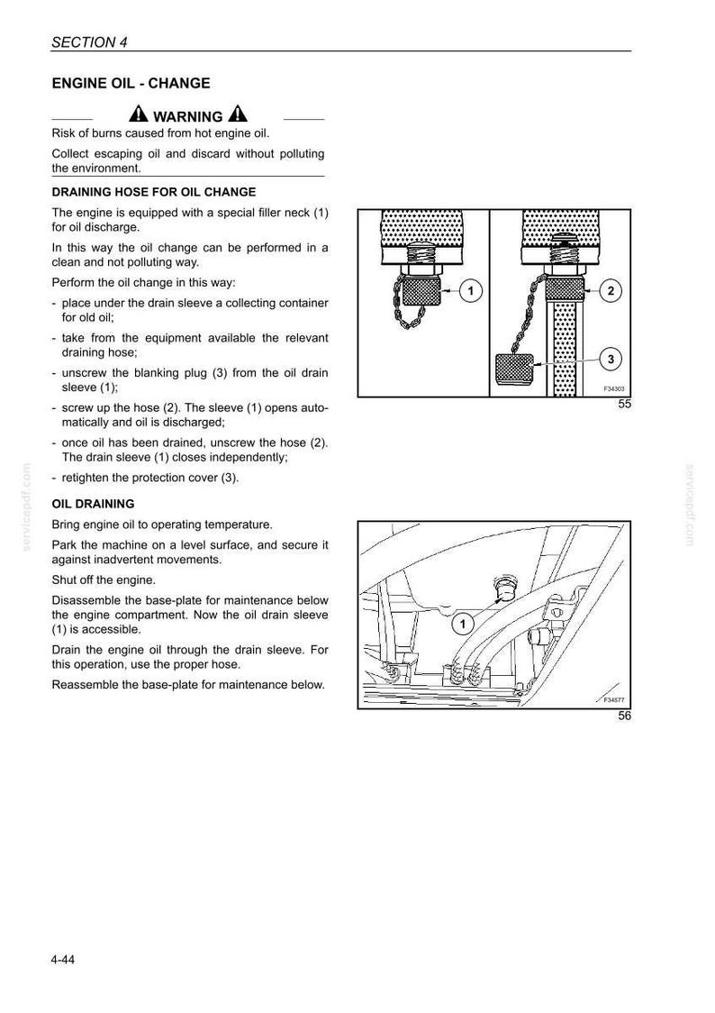 Pu&ograve; includere: Diagramma che illustra le procedure di cambio dell'olio motore. Include diagrammi numerati del manicotto di scarico dell'olio, del tubo flessibile e del tappo cieco. Il testo avverte delle ustioni causate dall'olio caldo.