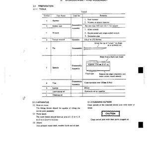 May include: A technical document page titled 3. DISASSEMBLY AND ASSEMBLY, featuring Table 2 which lists tools like a hammer, rubber mat, wrench, torque wrench, pin, and spatula with specifications including 120 mm (0.47 in) and 150 mm (5.9 in).