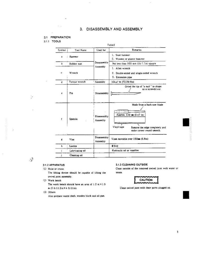 May include: A technical document page titled 3. DISASSEMBLY AND ASSEMBLY, featuring Table 2 which lists tools like a hammer, rubber mat, wrench, torque wrench, pin, and spatula with specifications including 120 mm (0.47 in) and 150 mm (5.9 in).