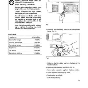 Op de afbeelding: Pagina uit een reparatiehandleiding met instructies voor het vervangen van lampen. Bevat diagrammen, een lampentabel met wattage-informatie en veiligheidsinstructies. De tekst is in het Nederlands.