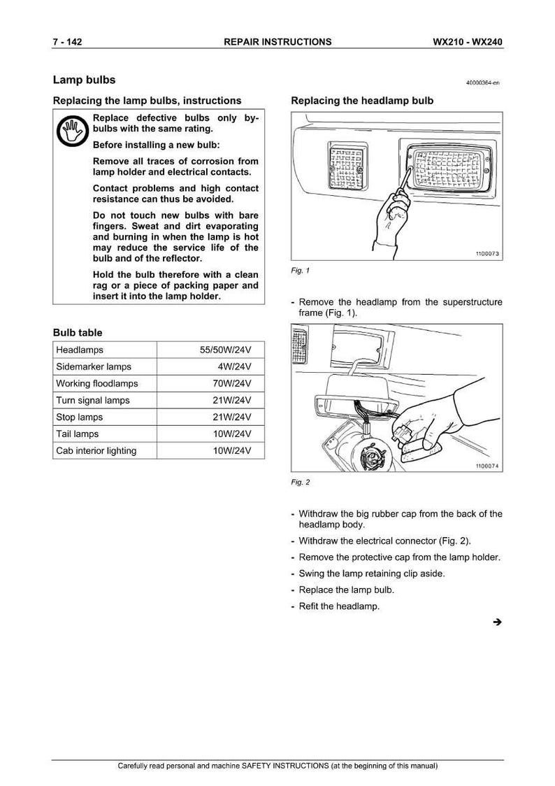 Op de afbeelding: Pagina uit een reparatiehandleiding met instructies voor het vervangen van lampen. Bevat diagrammen, een lampentabel met wattage-informatie en veiligheidsinstructies. De tekst is in het Nederlands.