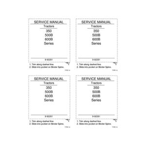 May include: Four white service manual sheets for tractors. Each sheet has the text "SERVICE MANUAL" at the top, followed by "Tractors", and model numbers 350, 500B, and 600B. Instructions are at the bottom.