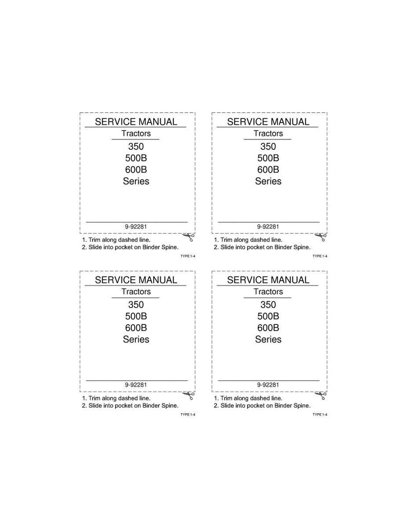May include: Four white service manual sheets for tractors. Each sheet has the text "SERVICE MANUAL" at the top, followed by "Tractors", and model numbers 350, 500B, and 600B. Instructions are at the bottom.
