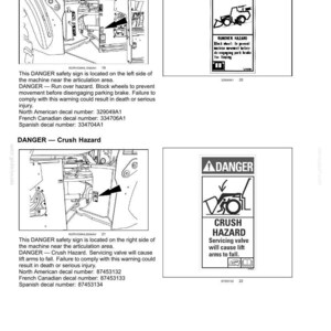 Pode incluir: Uma p&aacute;gina de documento t&eacute;cnico intitulada 2-SAFETY INFORMATION com dois sinais de aviso DANGER. O primeiro sinal ilustra um perigo de atropelamento com uma m&aacute;quina, enquanto o segundo mostra um perigo de esmagamento por bra&ccedil;os.