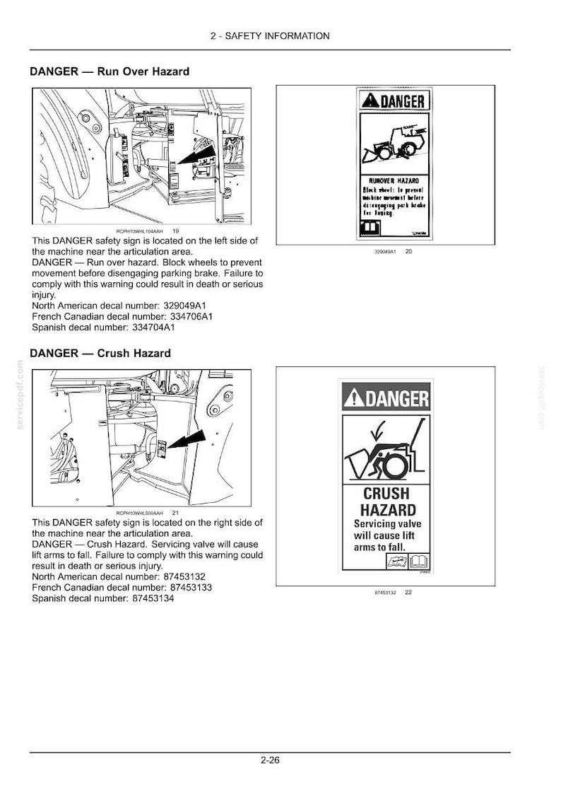 Pode incluir: Uma p&aacute;gina de documento t&eacute;cnico intitulada 2-SAFETY INFORMATION com dois sinais de aviso DANGER. O primeiro sinal ilustra um perigo de atropelamento com uma m&aacute;quina, enquanto o segundo mostra um perigo de esmagamento por bra&ccedil;os.