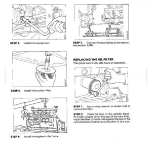May include: Technical diagrams detailing lubrication system maintenance. Instructions include installing a bracket bolt, suction filter, and engine in a frame. Also shows how to replace an oil filter, with text in the image.