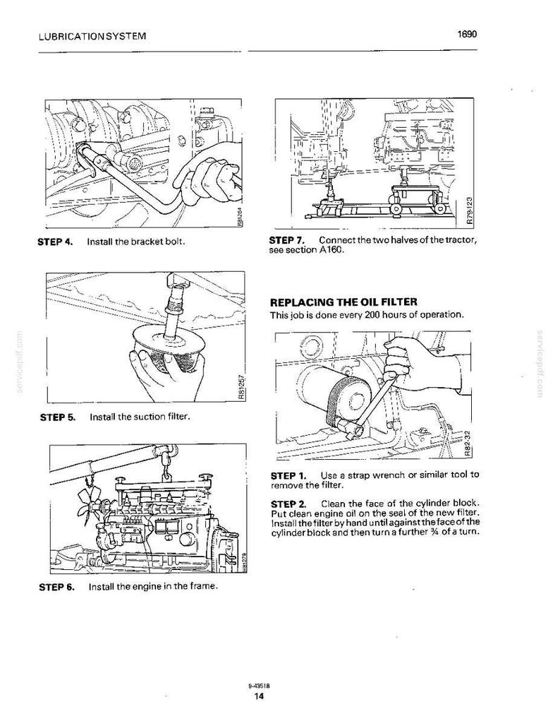 May include: Technical diagrams detailing lubrication system maintenance. Instructions include installing a bracket bolt, suction filter, and engine in a frame. Also shows how to replace an oil filter, with text in the image.
