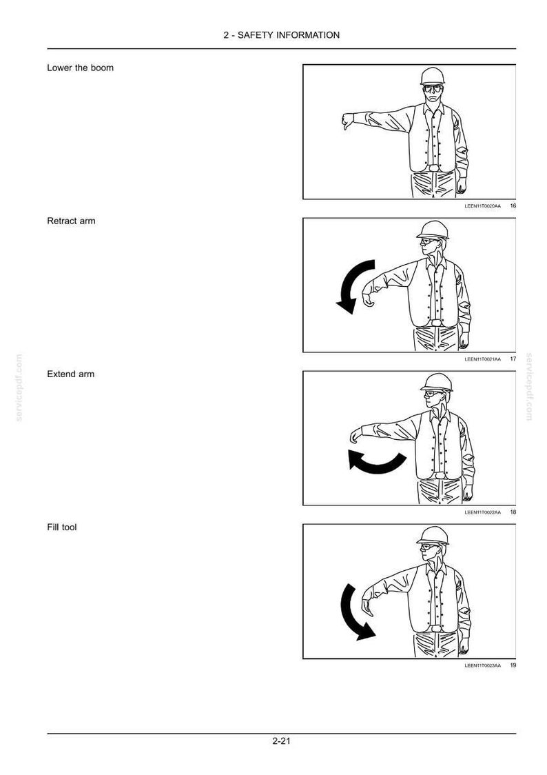 May include: Safety information diagrams showing hand signals. The illustrations depict a person in a hard hat and vest demonstrating signals for "Lower the boom", "Retract arm", "Extend arm", and "Fill tool".