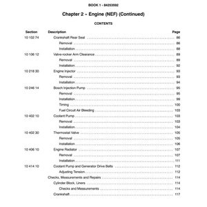 May include: A page from a manual titled "SECTION 10 - ENGINE" with a table of contents. The table lists engine components like the crankshaft rear seal, coolant pump, and thermostat valve, along with page numbers for removal and installation instructions.