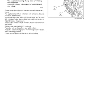 May include: Diagram illustrating alternator belt replacement, with numbered components and a warning about rotating parts. Includes text instructions for the procedure, with measurements in inches.