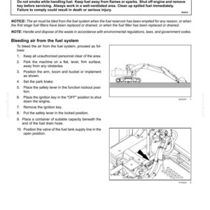 May include: A technical maintenance manual page titled Fuel system (Bleed air) containing safety warnings, a numbered list of ten instructions for bleeding air from a fuel system, and two black and white line drawings showing an excavator and hoses.