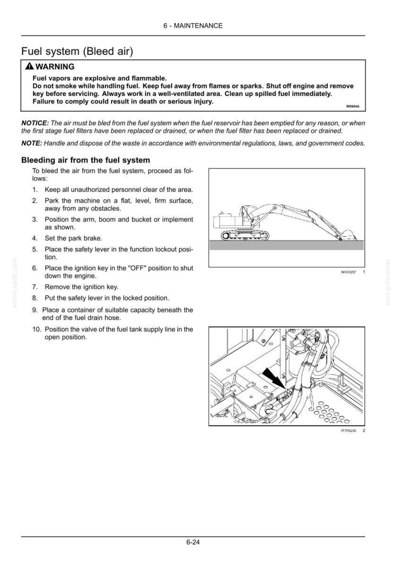 May include: A technical maintenance manual page titled Fuel system (Bleed air) containing safety warnings, a numbered list of ten instructions for bleeding air from a fuel system, and two black and white line drawings showing an excavator and hoses.