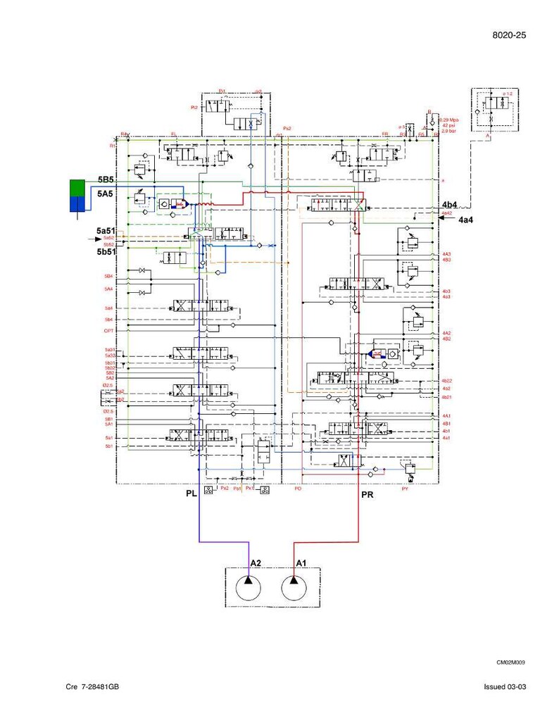 Puede incluir: Diagrama t&eacute;cnico con l&iacute;neas, s&iacute;mbolos y texto. El diagrama incluye los n&uacute;meros 8020-25, 5B5, 5A5, 5a51, 5b51, 4b4, 4a4, A1, A2, PL y PR. El diagrama tambi&eacute;n incluye el texto "Cre 7-28481GB" y "Issued 03-03".