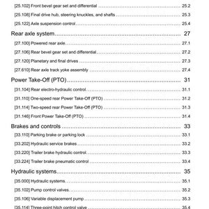 May include: A detailed technical document with a white background, listing various mechanical systems and components. Sections include 'Front axle system,' 'Rear axle system,' and 'Hydraulic systems,' with corresponding numerical references. The document is dated April 13, 2017.