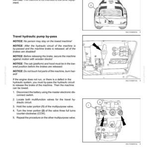 May include: Diagram from a manual showing transport operations for a machine. Includes illustrations of the rear towing attachment, hydraulic pump bypass, and valve locations. Text provides instructions and safety notices.