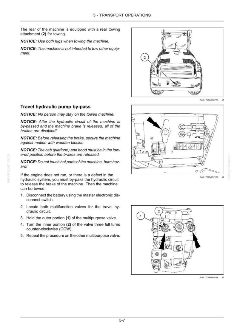 May include: Diagram from a manual showing transport operations for a machine. Includes illustrations of the rear towing attachment, hydraulic pump bypass, and valve locations. Text provides instructions and safety notices.