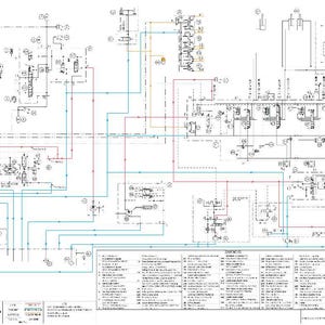 May include: Detailed technical diagram with lines, symbols, and text. The diagram features a complex arrangement of components, with various lines in blue, red, and yellow connecting them. Text and numbers are present throughout the diagram, providing detailed information.