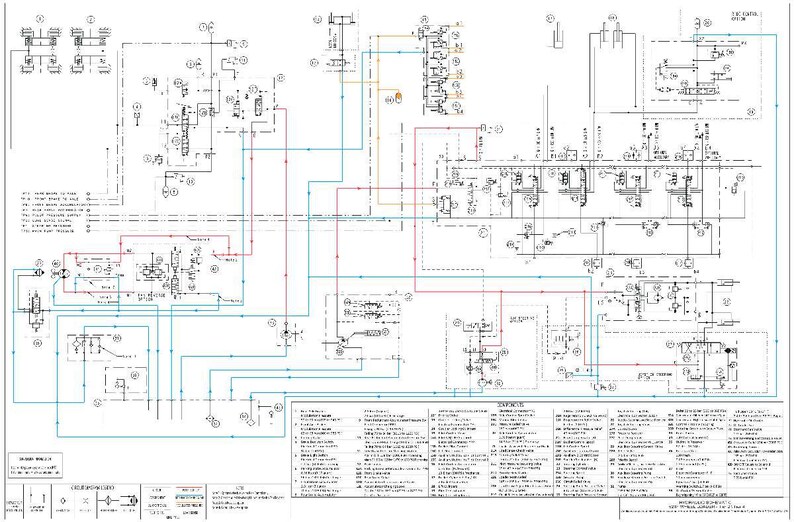 May include: Detailed technical diagram with lines, symbols, and text. The diagram features a complex arrangement of components, with various lines in blue, red, and yellow connecting them. Text and numbers are present throughout the diagram, providing detailed information.