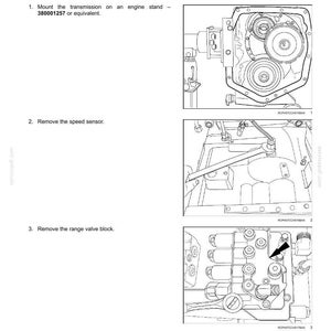 May include: Diagram of a transmission assembly with the text "Master clutch - Remove". The image shows detailed illustrations of internal components, including gears, sensors, and valve blocks, with arrows indicating removal points. The document includes instructions and part numbers.