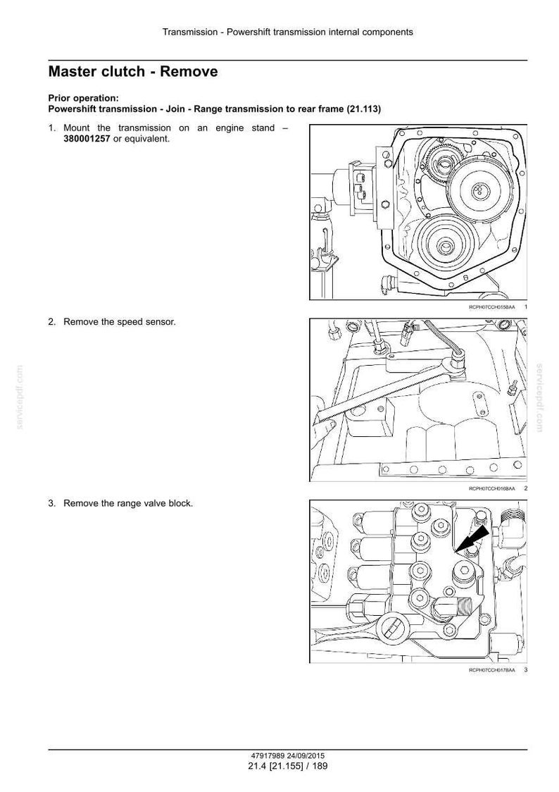 May include: Diagram of a transmission assembly with the text "Master clutch - Remove". The image shows detailed illustrations of internal components, including gears, sensors, and valve blocks, with arrows indicating removal points. The document includes instructions and part numbers.