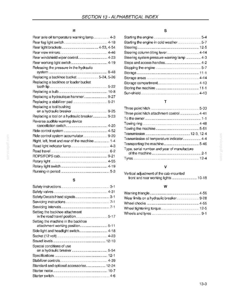 May include: A page from a manual with the title "SECTION 13 - ALPHABETICAL INDEX". The text lists various components and functions, such as "Rear light brackets" and "Steering". The page is from a service manual.