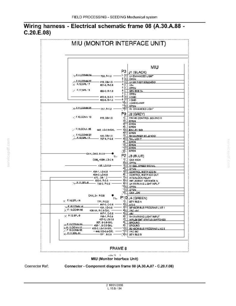 以下が含まれることがあります： モニターインターフェースユニット（MIU）の配線ハーネス - 電気回路図フレーム08（A.30.A.88 - C.20.E.08）と題された技術的な電気回路図。この文書には、J1、J2、J3、およびJ4コネクタのピン割り当てが詳細に記載されています。