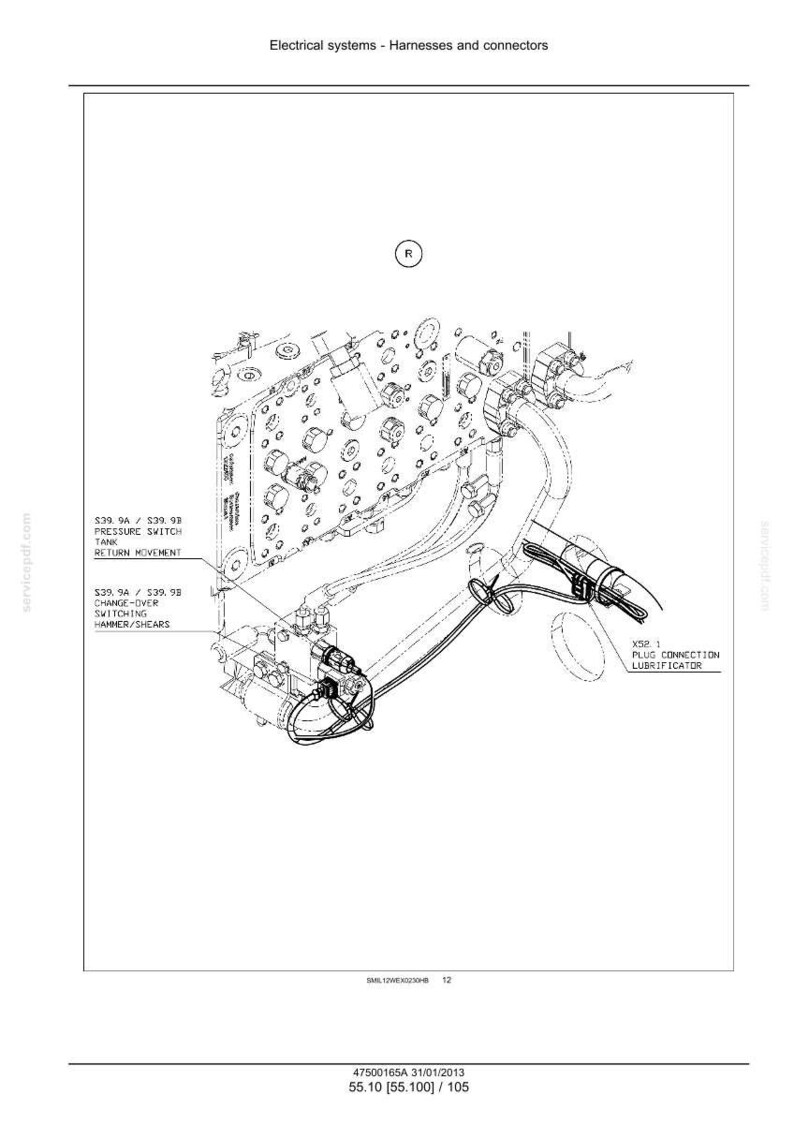 May include: Diagram of electrical systems, harnesses, and connectors. The image shows a detailed technical illustration of an engine component with various wires, switches, and connection points. Text labels identify specific parts and functions.