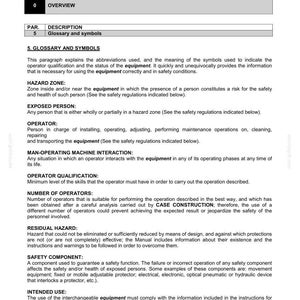 May include: Document from Case Construction detailing equipment safety and operational guidelines. Includes sections on hazard zones, operator qualifications, and safety components. Features text and a table with headings like "Overview" and "Glossary and symbols."
