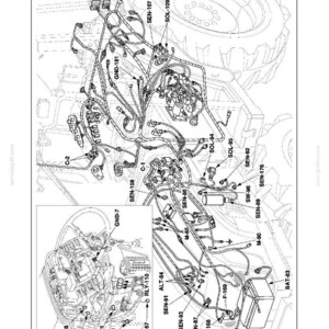 May include: A technical black and white line drawing of an electrical system wiring diagram for a vehicle. The diagram displays various components, connectors, and cables labeled with codes like SEN-107, SOL-109, and BAT-83, set against a tractor outline.