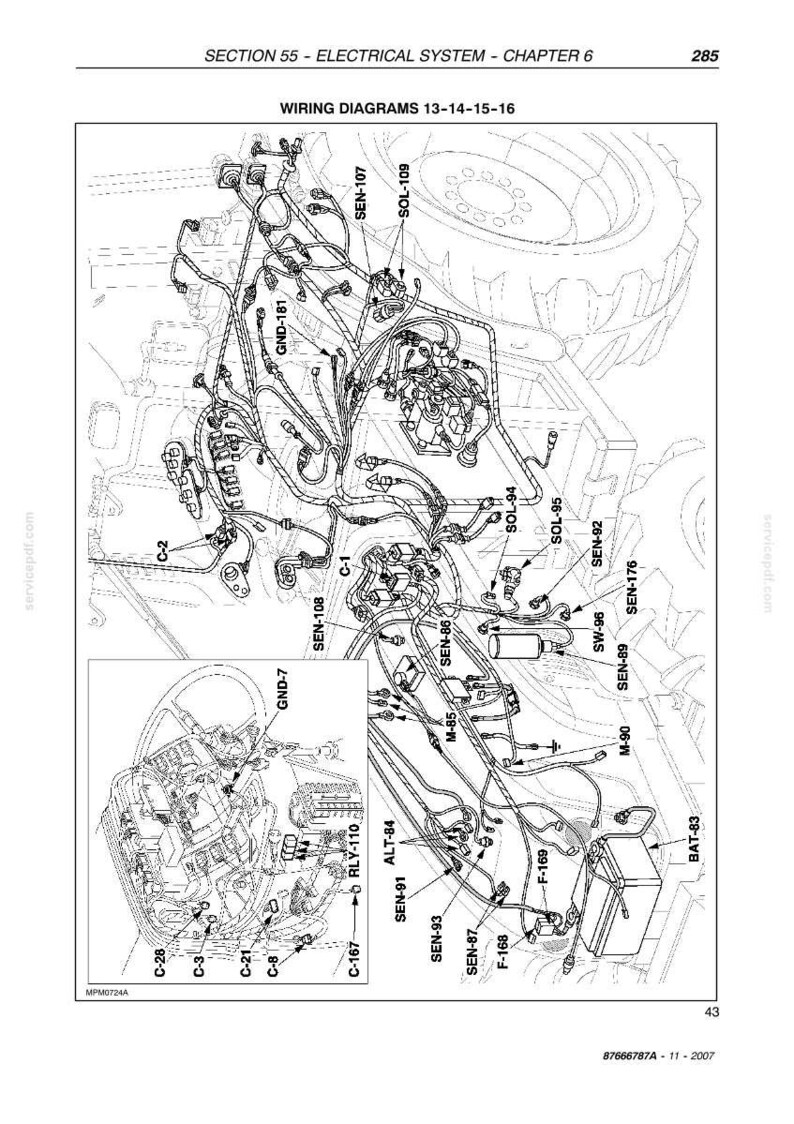 May include: A technical black and white line drawing of an electrical system wiring diagram for a vehicle. The diagram displays various components, connectors, and cables labeled with codes like SEN-107, SOL-109, and BAT-83, set against a tractor outline.