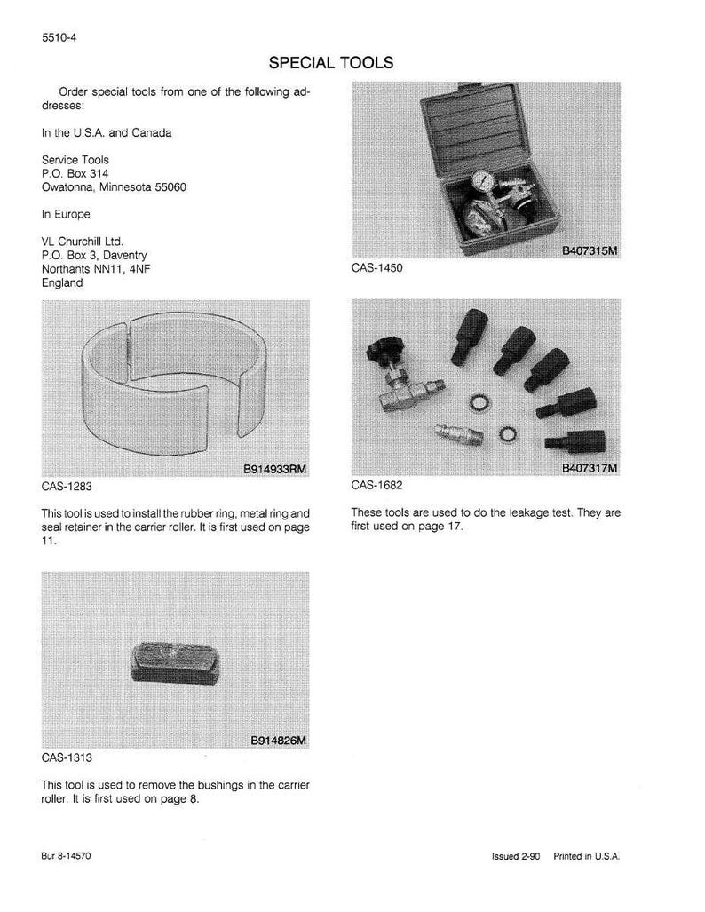 May include: A page from a manual displaying various special tools. The image includes a toolbox with gauges, a curved metal piece, a set of black tools, and a small rectangular tool. Text indicates the tools' functions and part numbers.