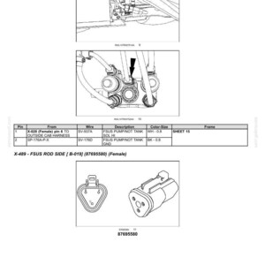 May include: Technical diagram illustrating electrical system components, such as harnesses and connectors. The image presents detailed line drawings of various parts, with labels and a table detailing pin connections, wire types, and descriptions. Includes a female FSUS rod side connector.