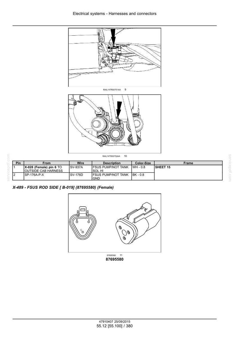 May include: Technical diagram illustrating electrical system components, such as harnesses and connectors. The image presents detailed line drawings of various parts, with labels and a table detailing pin connections, wire types, and descriptions. Includes a female FSUS rod side connector.