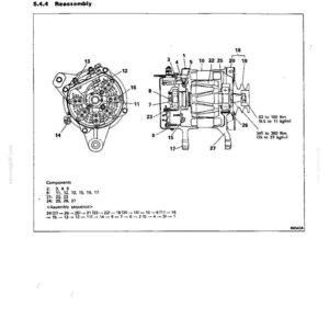 May include: A technical diagram titled Engine Electrical - Service Procedures 16, section 5.4.4 Reassembly. It displays a black and white line drawing of an alternator with numbered components, torque specifications of 83 to 105 Nm and 345 to 360 Nm.