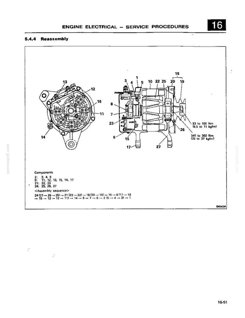 May include: A technical diagram titled Engine Electrical - Service Procedures 16, section 5.4.4 Reassembly. It displays a black and white line drawing of an alternator with numbered components, torque specifications of 83 to 105 Nm and 345 to 360 Nm.