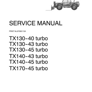 May include: A black and white image of a service manual. The text "SERVICE MANUAL" is at the top. Below the text are the following model numbers: TX130-40 turbo, TX130-43 turbo, TX130-45 turbo, TX140-43 turbo, TX140-45 turbo, and TX170-45 turbo.