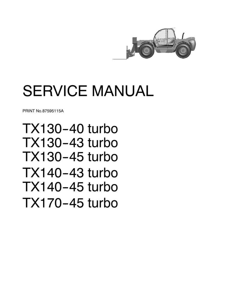 May include: A black and white image of a service manual. The text "SERVICE MANUAL" is at the top. Below the text are the following model numbers: TX130-40 turbo, TX130-43 turbo, TX130-45 turbo, TX140-43 turbo, TX140-45 turbo, and TX170-45 turbo.