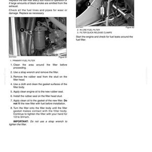 May include: Diagram of fuel filter replacement instructions. Includes images of the primary fuel filter and in-line fuel filter with quick-release clamps. Text details steps for filter replacement, including cleaning, oiling, and tightening.