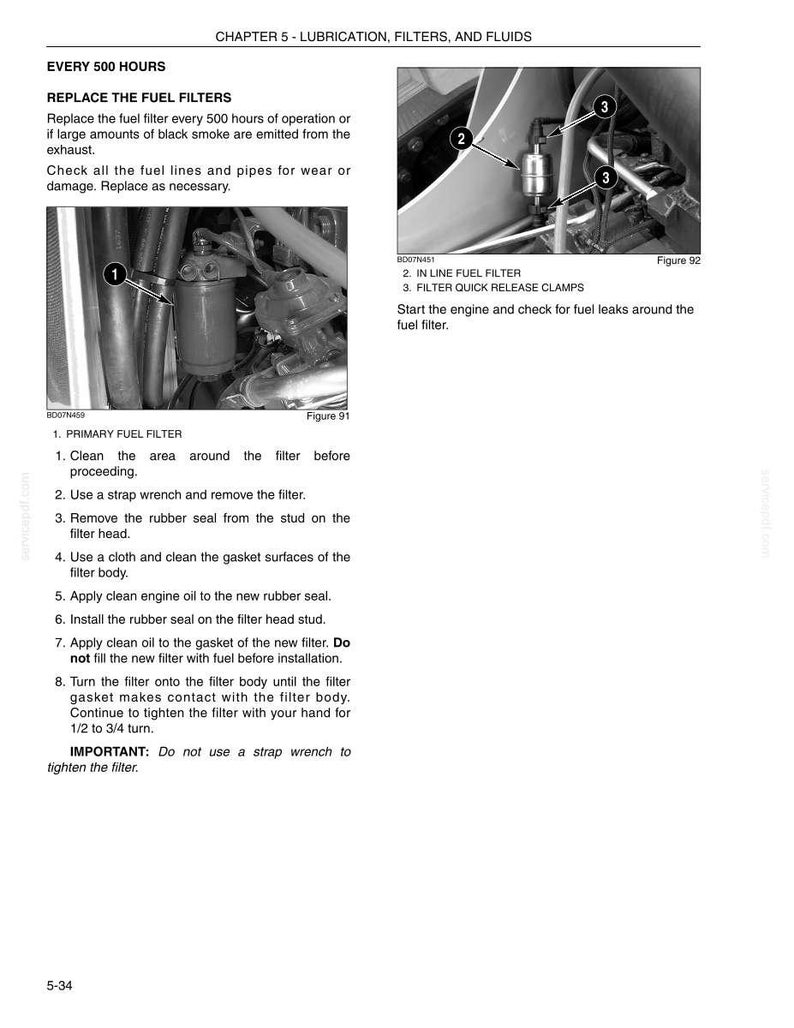 May include: Diagram of fuel filter replacement instructions. Includes images of the primary fuel filter and in-line fuel filter with quick-release clamps. Text details steps for filter replacement, including cleaning, oiling, and tightening.