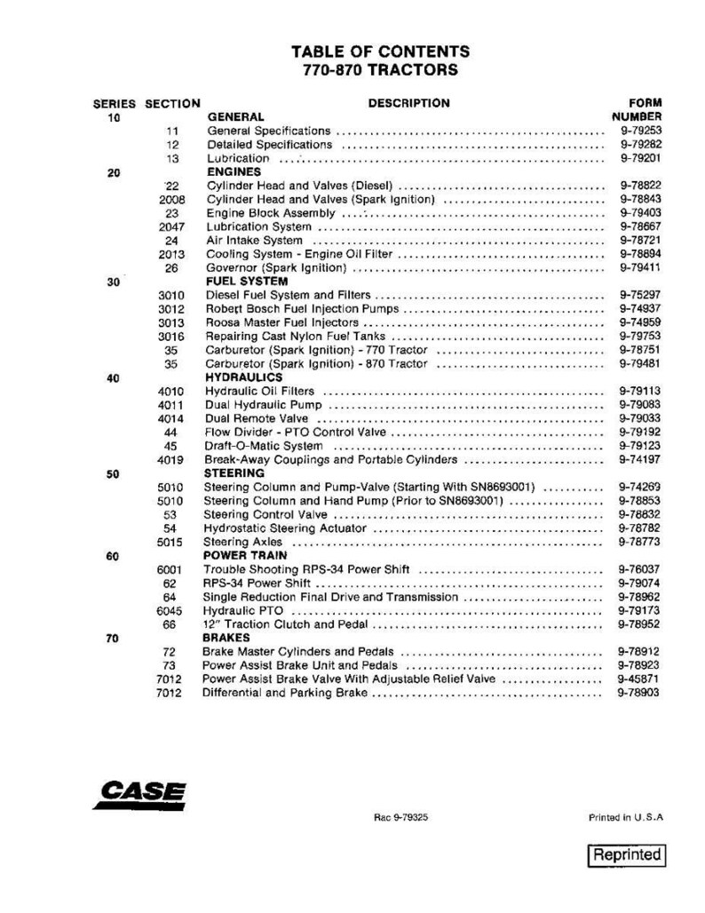 May include: A reprinted table of contents for 770-870 tractors, listing sections like engines, fuel systems, and hydraulics. The document includes form numbers and is printed in the U.S.A.