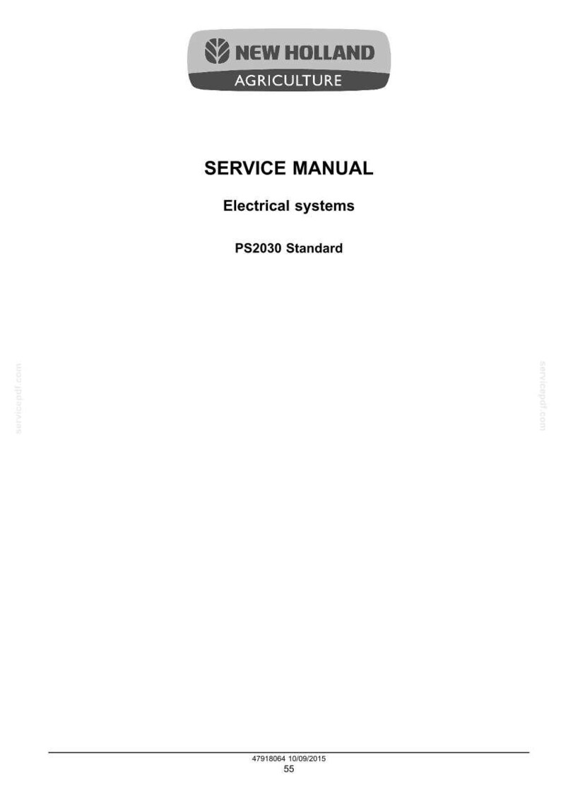 May include: A white page with the text "NEW HOLLAND AGRICULTURE" in a gray banner. Below, the text reads "SERVICE MANUAL", "Electrical systems", and "PS2030 Standard". The bottom of the page has a date and page number.