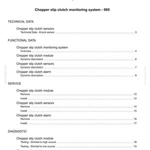 May include: A white page from a manual with the title "Contents" and the text "Electrical systems - 55". The document details the "Chopper slip clutch monitoring system - 995" with sections on technical, functional, service, and diagnostic data.