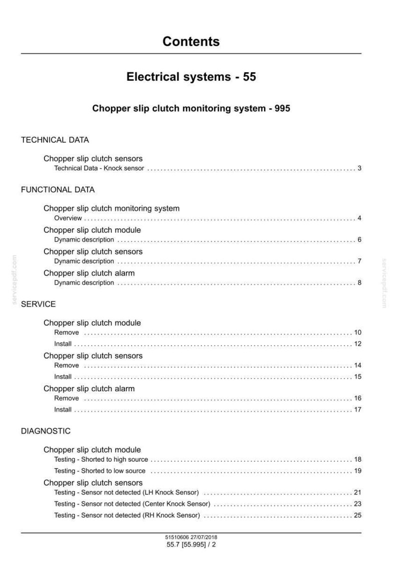 May include: A white page from a manual with the title "Contents" and the text "Electrical systems - 55". The document details the "Chopper slip clutch monitoring system - 995" with sections on technical, functional, service, and diagnostic data.
