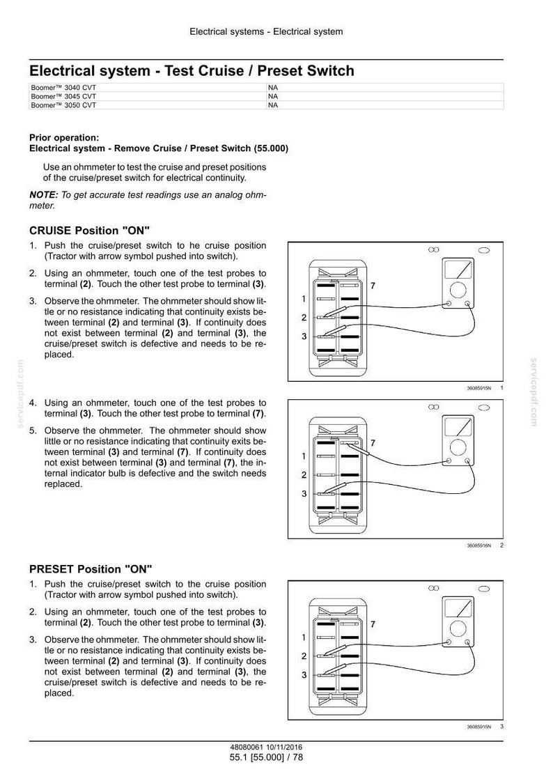 May include: Diagram illustrating the testing of a cruise/preset switch in an electrical system. The image includes instructions, diagrams, and an ohmmeter. The text reads "Electrical system - Test Cruise / Preset Switch".