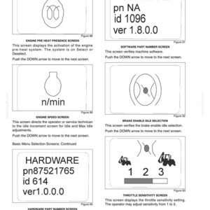 May include: A page from a manual with diagrams and text related to instruments and controls. The diagrams include engine pre-heat, engine speed, and throttle sensitivity screens. Text includes software and hardware part numbers.
