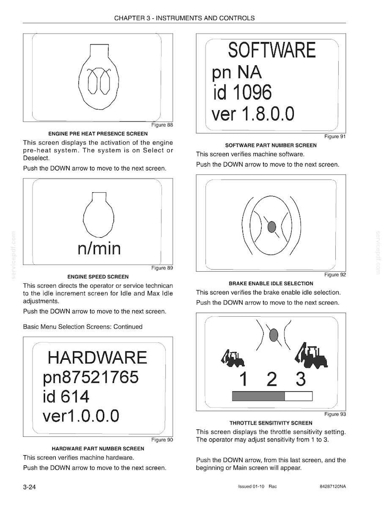 May include: A page from a manual with diagrams and text related to instruments and controls. The diagrams include engine pre-heat, engine speed, and throttle sensitivity screens. Text includes software and hardware part numbers.