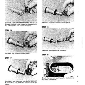 May include: A black and white diagram illustrating the brake valve assembly process. The steps include installing seals, retainers, and springs. Text includes instructions for lubricating parts with brake fluid and checking reservoir feed holes.