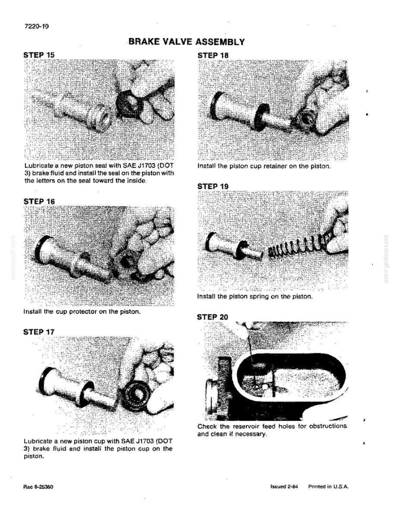 May include: A black and white diagram illustrating the brake valve assembly process. The steps include installing seals, retainers, and springs. Text includes instructions for lubricating parts with brake fluid and checking reservoir feed holes.