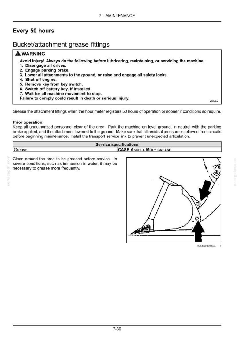 May include: Diagram from a maintenance manual detailing bucket/attachment grease fittings. The image includes a safety warning, instructions, and a diagram with arrows indicating grease points. Text includes "Every 50 hours" and "CASE AKCELA MOLY GREASE".
