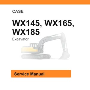 以下が含まれることがあります： 上部に「CASE」という文字が入った白い背景。下には「WX145、WX165、WX185」と「Excavator」という文字があります。中央には掘削機のイラストがあります。下部の明るいオレンジ色の長方形には「Service Manual」と書かれています。